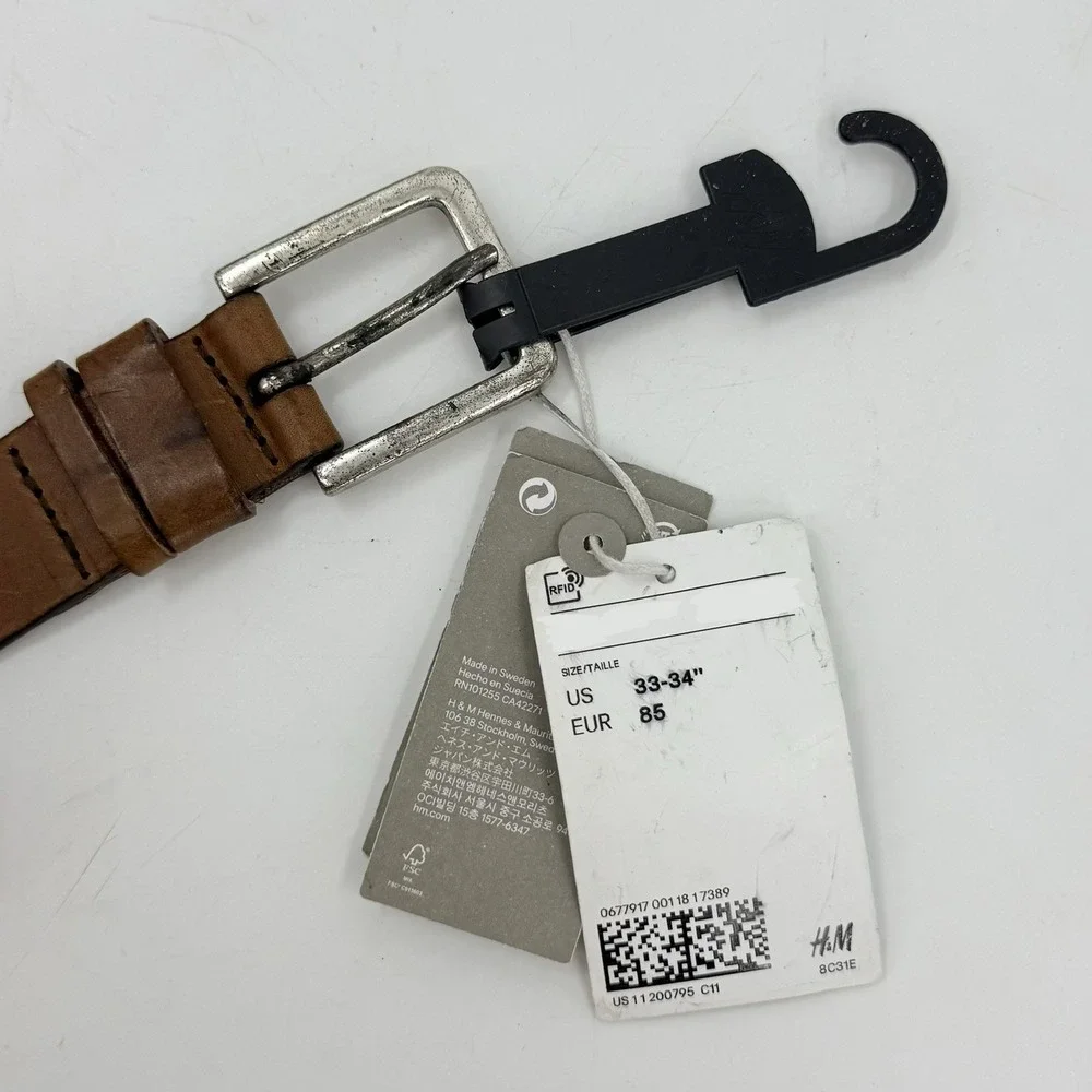 H&M‎ Leather Belt Brown Made in Sweden Classic Mens 33-34